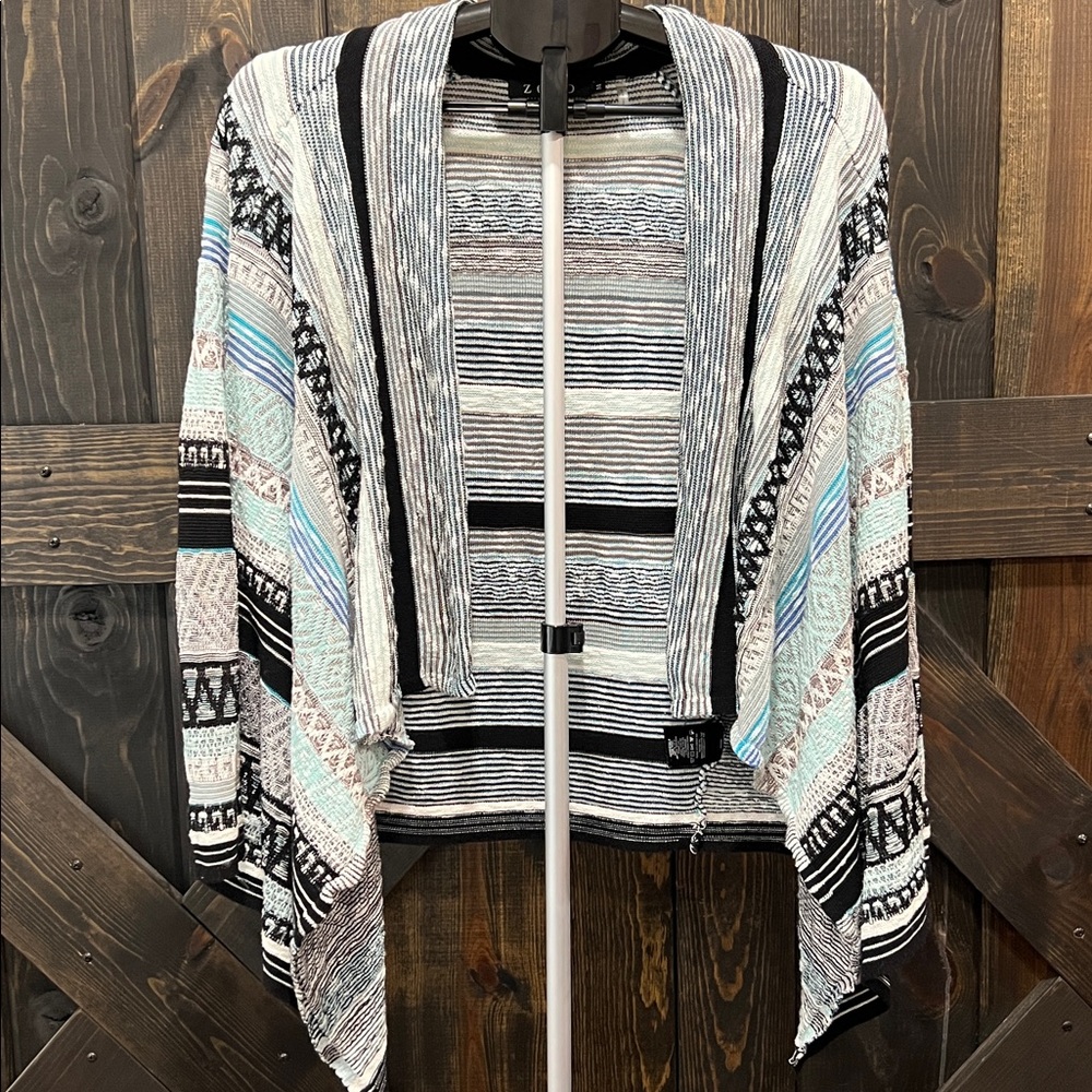 Zozo Striped Open Cardigan M Embroidered Blue Black Grey Boho Southwestern Aztec